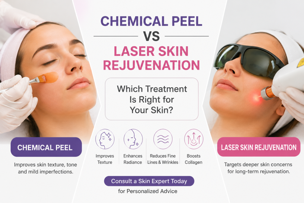 Chemical Peel vs Laser Skin Rejuvenation in Bhopal by Dr. Prerna Sharma, Dermatologist in Bhopal, comparing advanced skin treatments for glowing, youthful skin.
