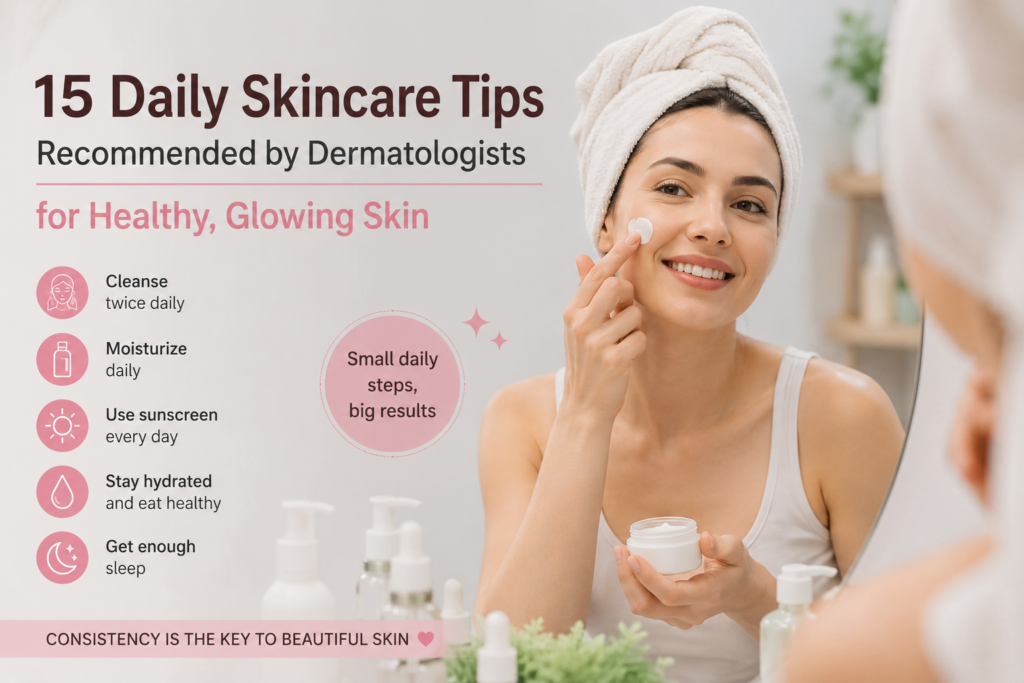 15 daily skincare tips recommended by dermatologists for healthy glowing skin including cleansing, moisturizing, sunscreen, hydration, and healthy lifestyle habits.