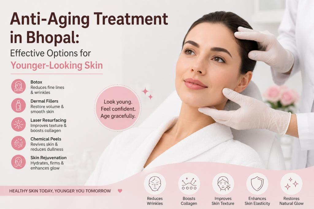 Anti-aging treatment in Bhopal featuring Botox, dermal fillers, laser resurfacing, chemical peels, and skin rejuvenation