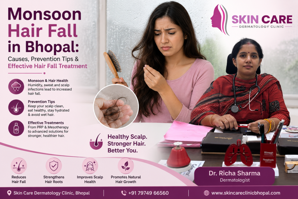 Monsoon hair fall in Bhopal with causes, prevention tips and hair fall treatment featuring a dermatologist