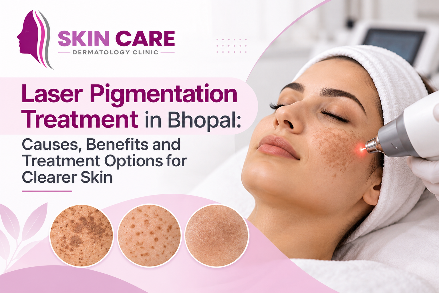 Laser pigmentation treatment in Bhopal showing laser skin treatment for dark spots, uneven skin tone, and facial pigmentation at Skin Care Dermatology Clinic.